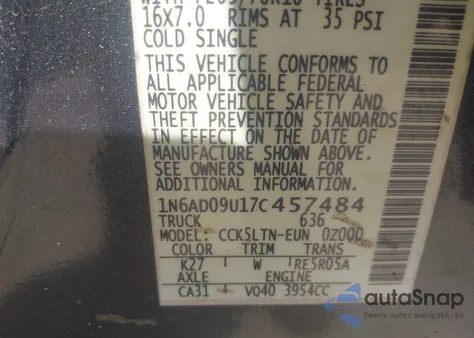 2007 Nissan Frontier Se from USA, damaged, VIN 1N6AD09U17C457484